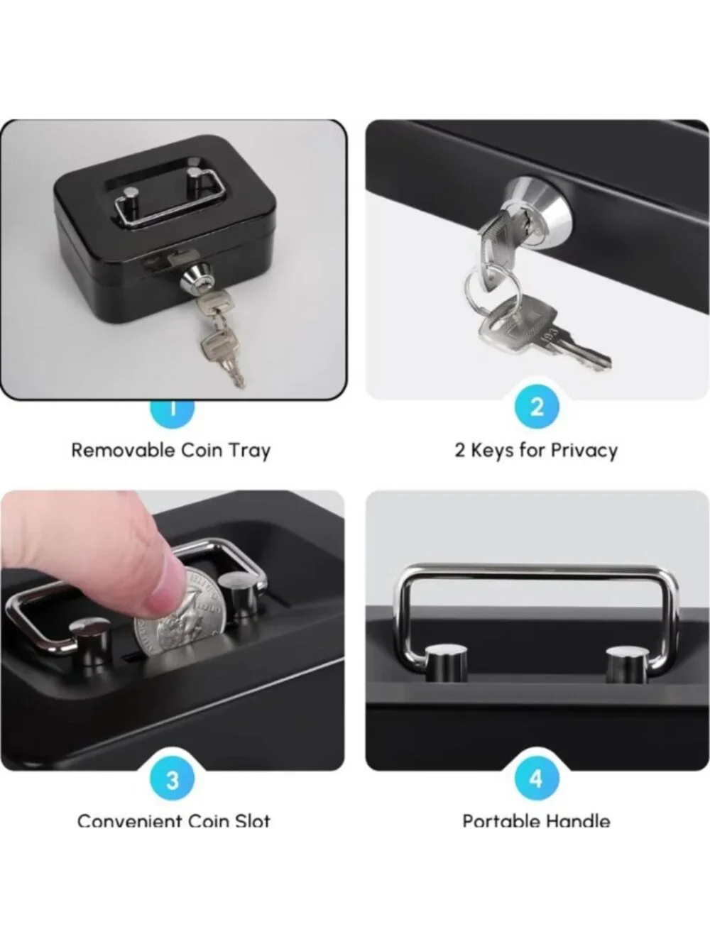Black Metal Lockable Cash Storage Box with Key & Handle Money Organizer